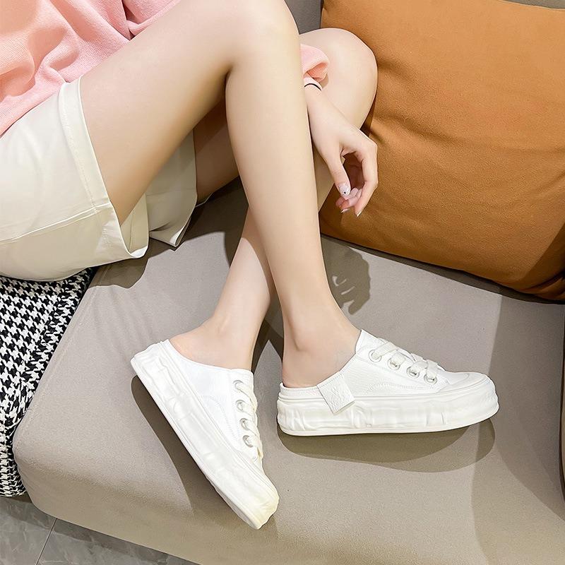 Leather Bag Head Half Slippers Women's Summer New Biscuit Sole Dissolved Half Tray Shoes Without Heel One Pedal White Shoes