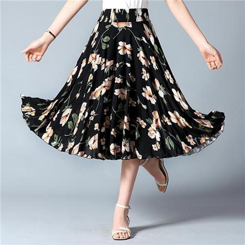 

Летние юбки средней длины с цветочным принтом, эластичная талия, женские свободные повседневные пляжные платья из ледяного шелка и шифона, женские платья Faldas One Size