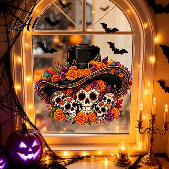 DIY Festive Home Ornament Day of The Dead Window Clings Halloween Top Hat Skull Static Sticker Mexican Folk Art Decals Colorful Flower Pattern