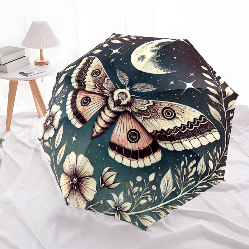 1pc Art Moon & Moth Fully Automatic Folding Portable Umbrella, 8 Iron Frames, Three-Fold Design, Suitable for All Seasons, Suitable for Outdoor U