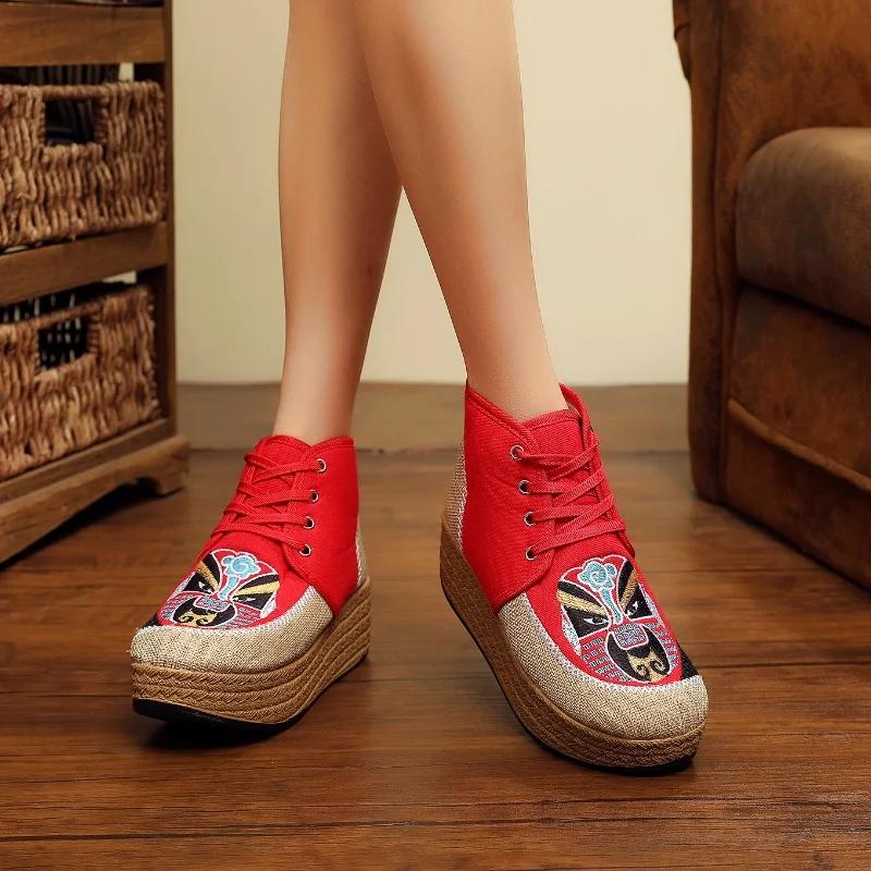 Fashion 2024 New Retro Women Linen Cotton Fabric Embroidered Short Ankle Platform Boots Comfortable Ladies Lace Up Booties Winter Shoes