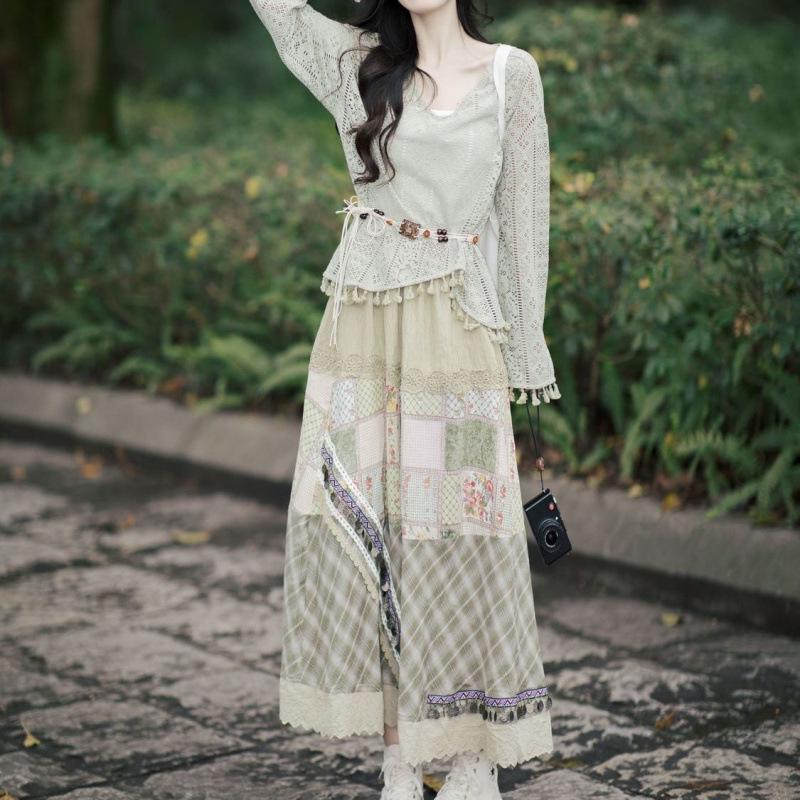 Spring Autumn Women s Ethnic Knit Top with Tassels and Plaid Patchwork Large