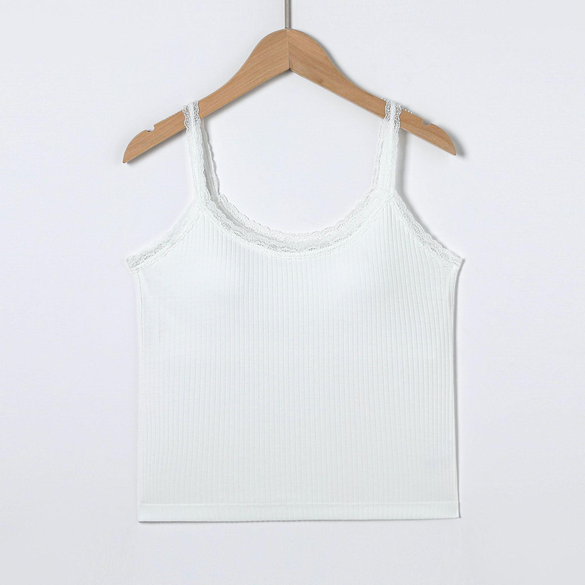 2025 French Style Cotton Camisole with Built-in Bra Pad Lace Trim for Women Large белый
