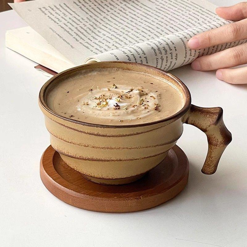 Vintage Ceramic Coffee Mug – Rustic Handmade Latte Cup with Bamboo-Style Design