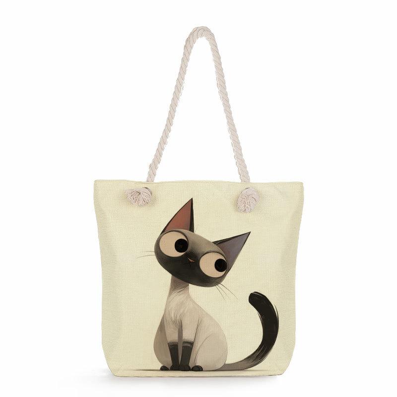 Multifunctional Cartoon Cat Printed Thick Rope Shoulder Beach Bag Casual Large Capacity Handbag 0116 CLE