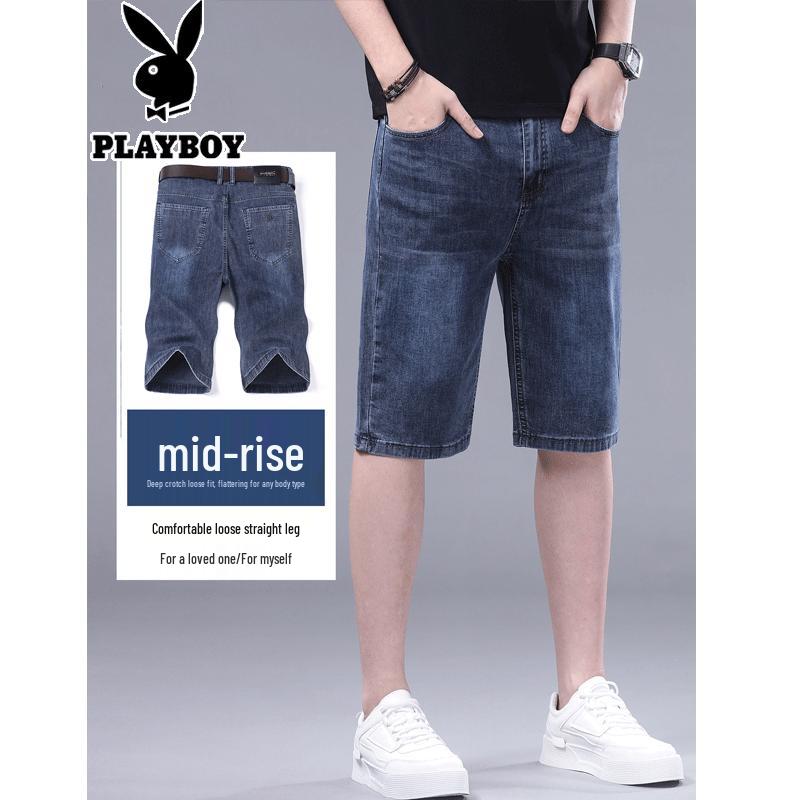 PLAYBOY Men's Summer Loose Straight Denim Capri Shorts