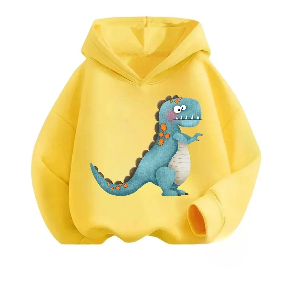 New Cartoon Dinosaur Print Children's Hooded Sweatshirt Boy Girl Autumn Winter Daily Outdoor Casual Wear Loose Warm Sportswear
