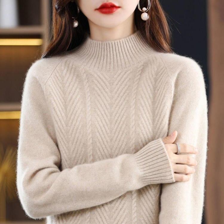 Women Casual Long Sleeve Knitted Pullover Sweater Solid Half High Collar Winter Autumn Top