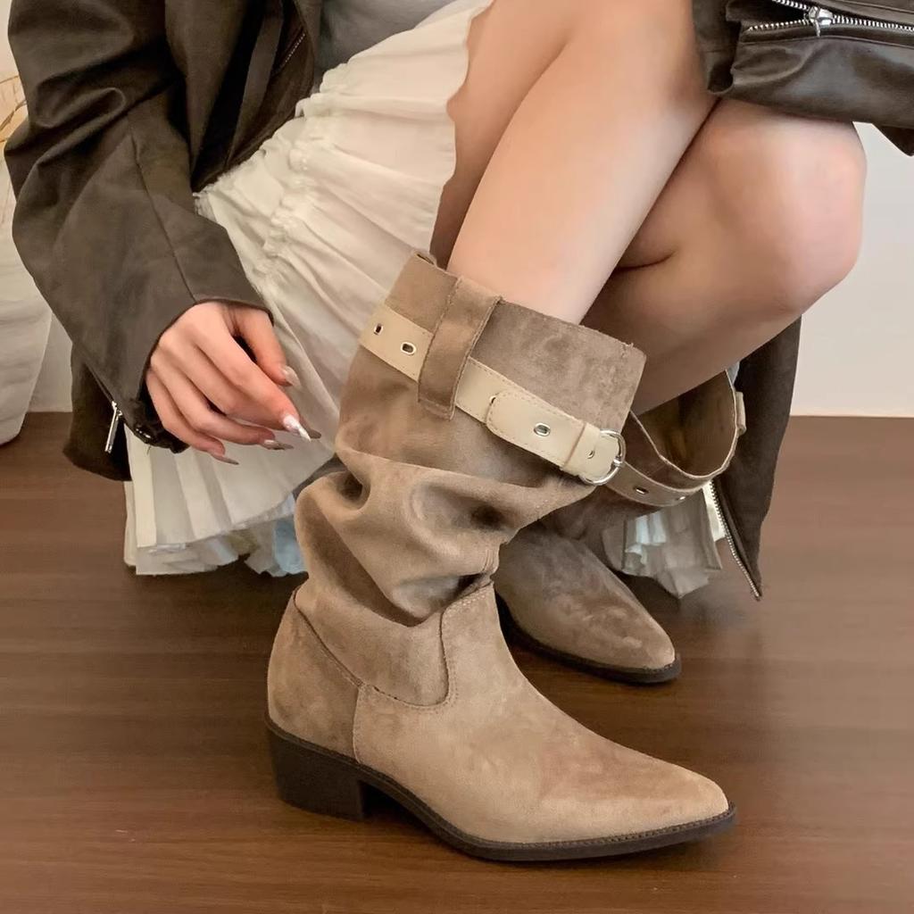 Coarse Heel Pointed Pleated Tall Tube Piled Boots Women's 2025 New Summer and Autumn Western Cowboy Medium Tube Knight Boots