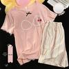 2026 New Style Women's Summer Cotton Pajama Set with Built-in Bra: Round Neck, Short Sleeves, Shorts, Sweet Casual Loungewear