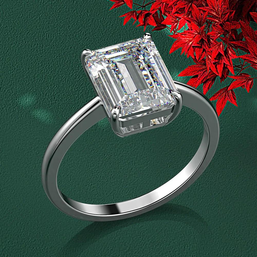 New Exquisite 925 Silver Rectangle Real Moissanite Rings for Women Wedding Luxury Jewelry