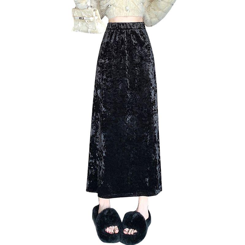 2025 Retro Gold Velvet Midi Skirt: Thickened, Slim, Mid-Length Slit for Autumn/Winter, Perfect for Halloween