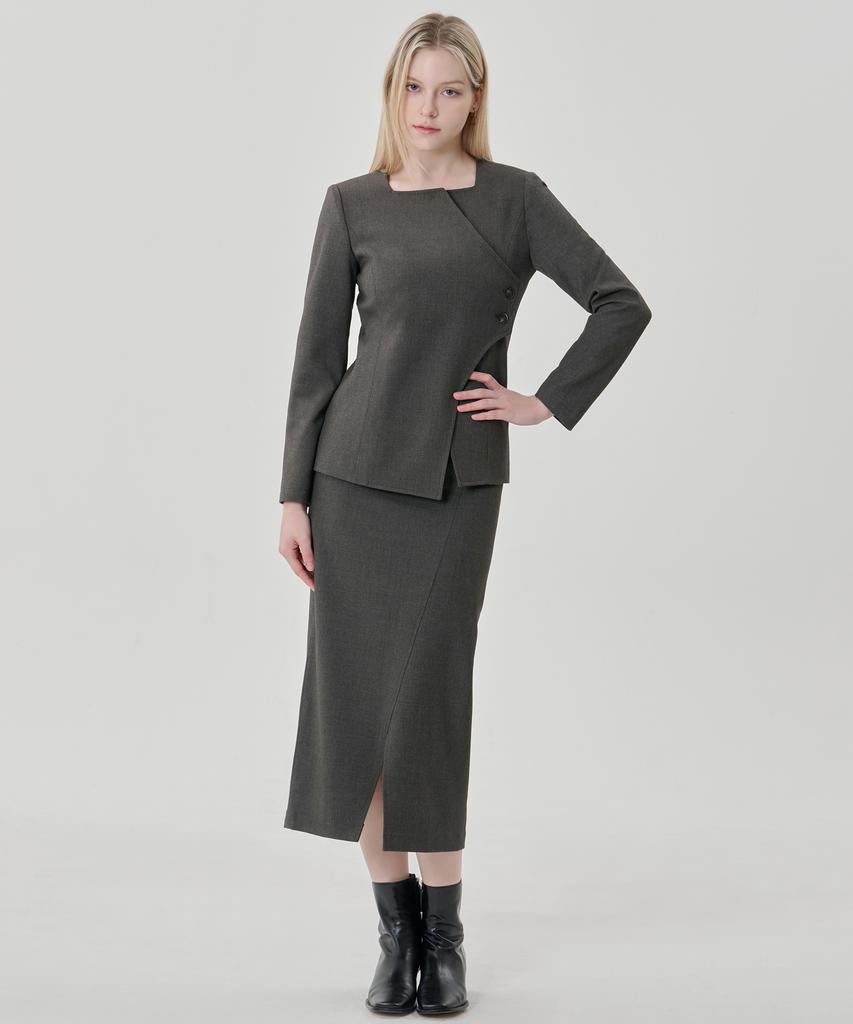HYEYEONG KIM Cord Set Tailored H-Line Maxi Skirt - Charcoal Khaki
