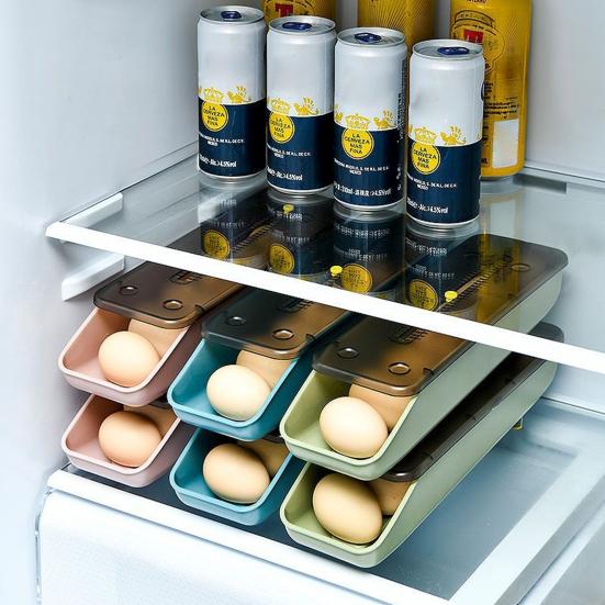 Kjøleskap Eggoppbevaringsboks Stor Kapasitet Sklisikker Stabelbar Design Lett å Rengjøre Automatisk Skyve Eggbrett Dispenser