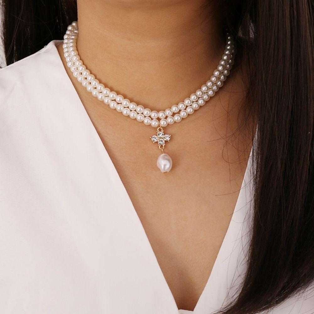 Chain Retro Zinc Zinc Alloy Simple Pearl Necklace Korean Style Necklace Double-layer Female Clavicle Chain