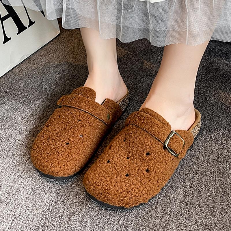 Fashion Fur Flats Women Slippers Slingback Short Plush Mules Shoes Fashion New Cozy Woman Shoes 2025 Autumn Casual Dress Chaussure Femme