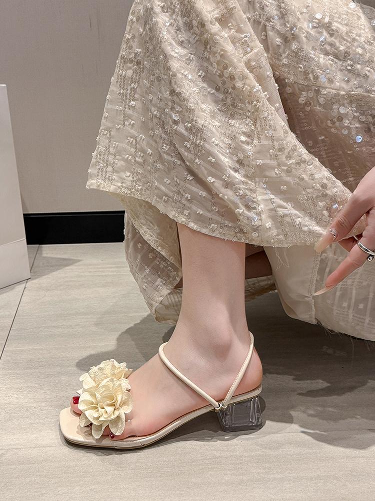 Fashion Glitter Slides Slippers Casual Summer Women's Shoes Heeled Mules Flower Pantofle Square Heel Jelly Luxury High 2025 Block Floral