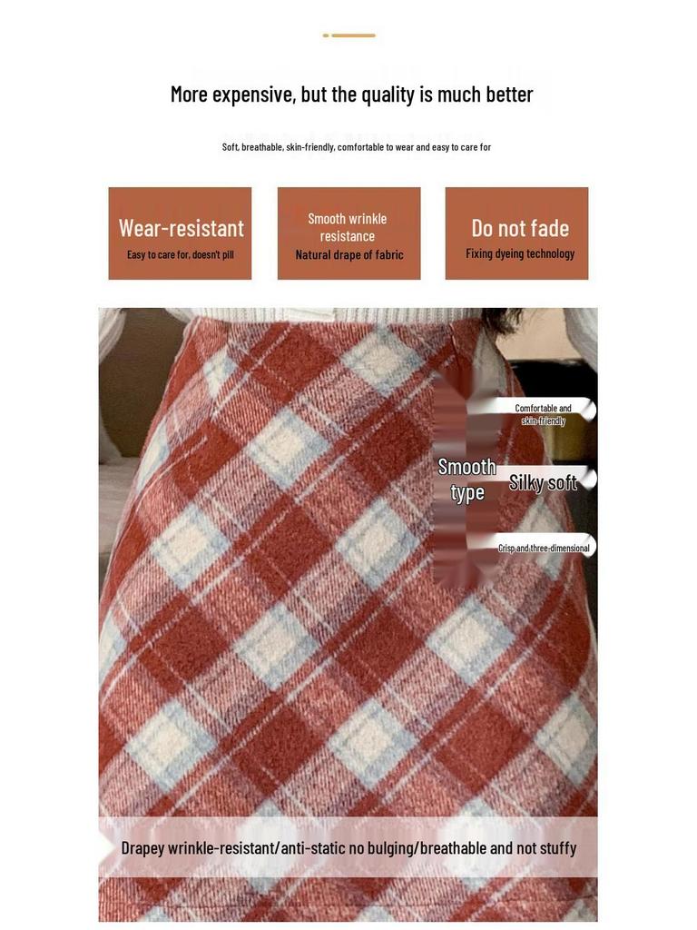 Women's Red Plaid Wool Midi Skirt: Spring Autumn Winter 2024, Slimming High Waist, A-line Bodycon Mini