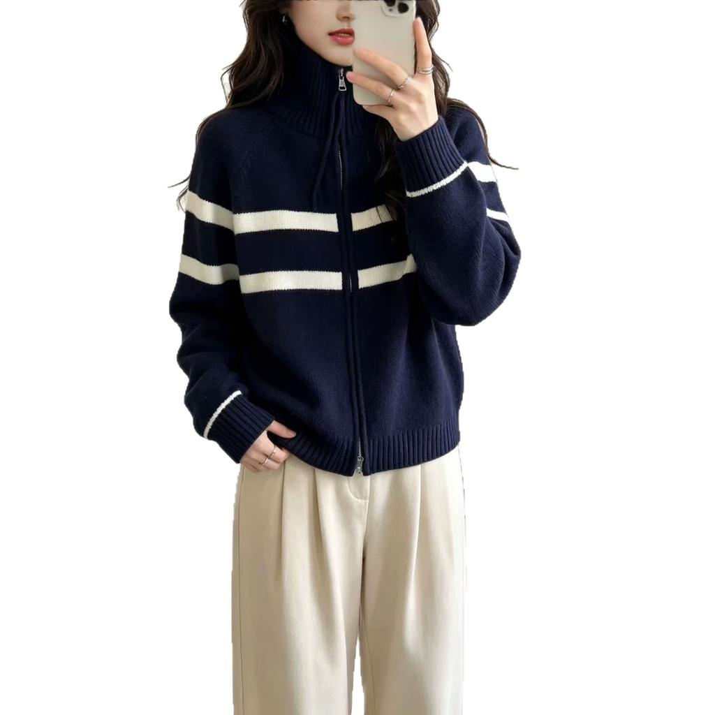Contrasting striped zipper turtleneck sweater cardigan women's autumn and winter new design sense loose and thin versatile outerwear top