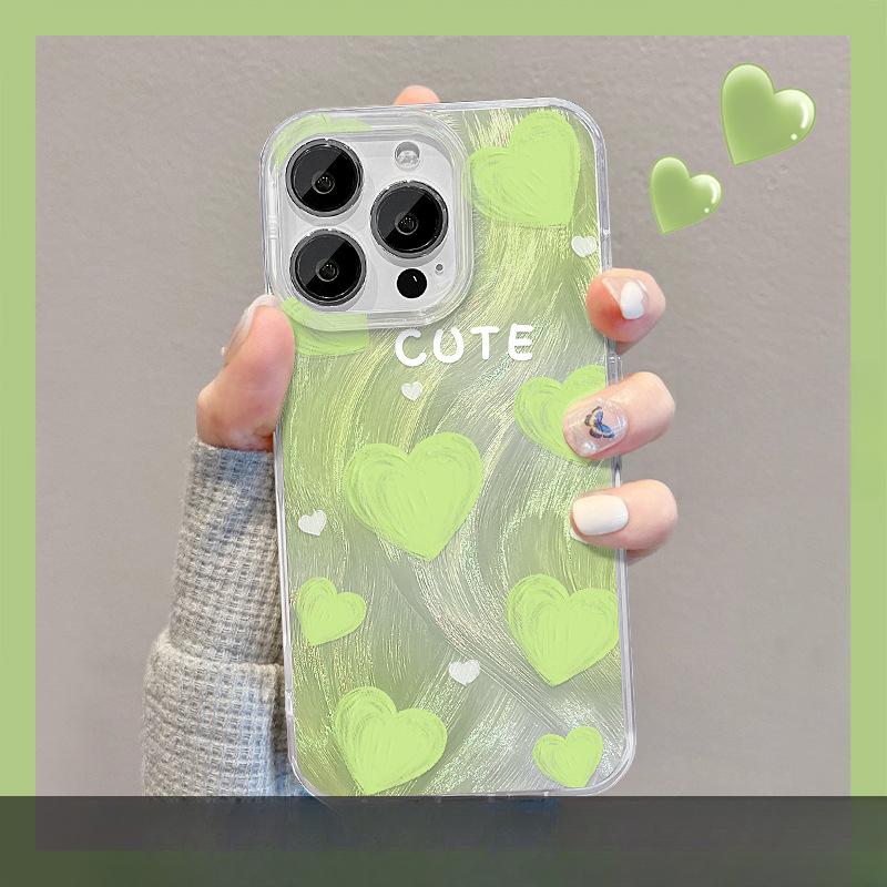 Applicable To Apple 15 Mobile Phone Case Iphone14pro Smudge Green Love Stand 13 Large Hole Transparent Soft Edge 8