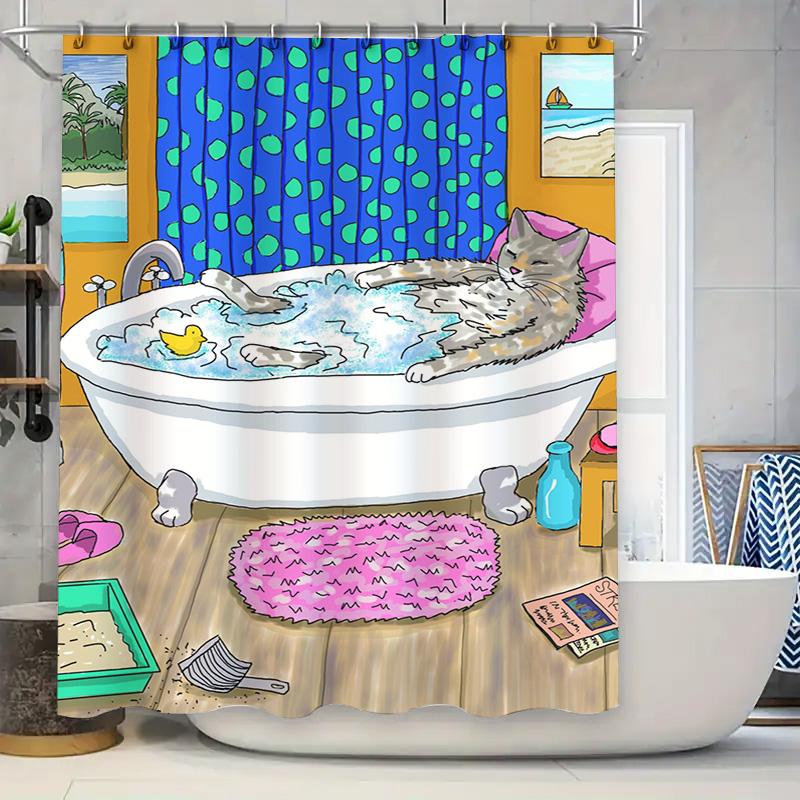 

Whimsical Bathroom Decor: Cat Bathing Shower Curtain With Polka Dot Blue Background Perfect For Home Decoration Gift Ideas W60H190(CM)-1 Pcs