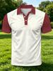 Men's Outdoor Polo Shirt, Available In Multiple Sizes. Features a White Base with Burgundy Raglan Sleeves and a Contrasting Color Block Lapel. Simple