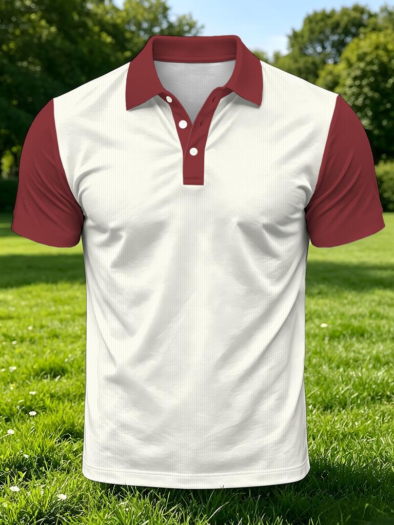 Men's Outdoor Polo Shirt, Available In Multiple Sizes. Features a White Base with Burgundy Raglan Sleeves and a Contrasting Color Block Lapel. Simple