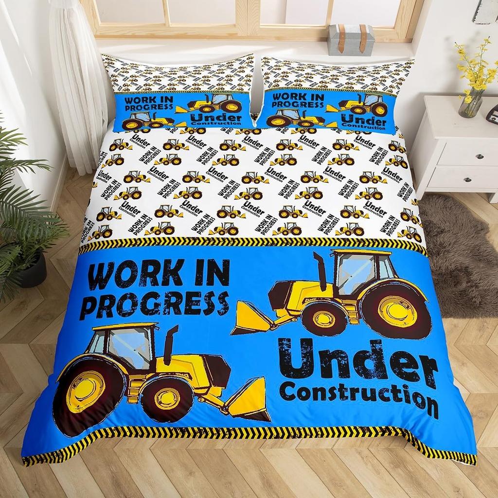 Truck Excavator Soft Duvet Cover Set Quen Sized Dimensions for Children Kids Nursery Carton Tractor Enginering Vehicle Construction Theme Beding Set