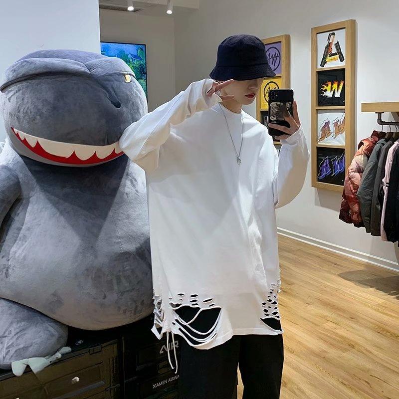 spring autumn oversized t-shirt for men harajuku solid hole T Shirt men's Pullover t-shirts long sleeve y2k Tops hip hop streetwear