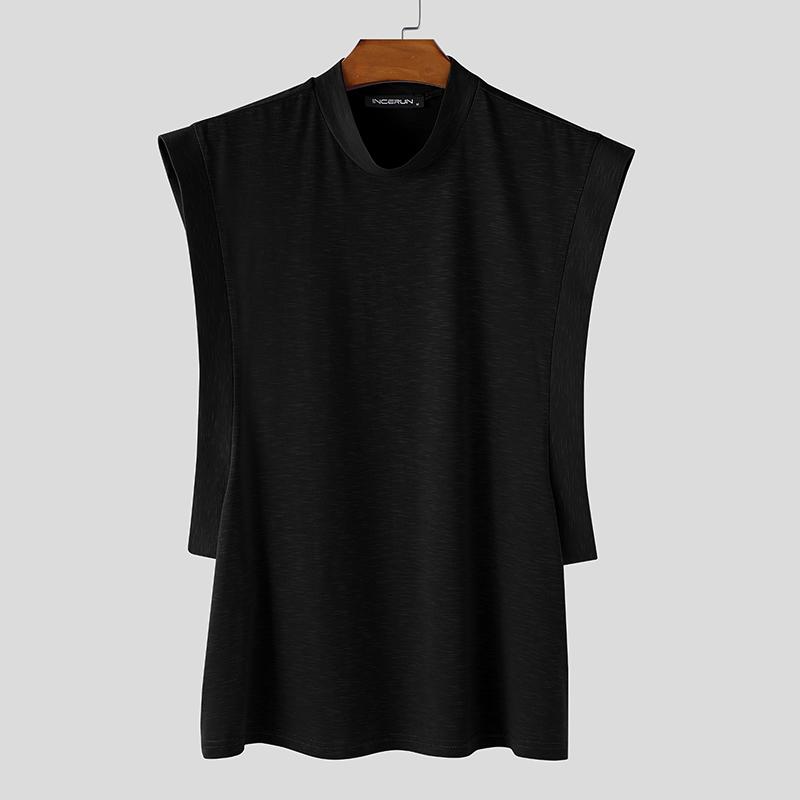 INCERUN Summer Men Stand Collar Sleeveless Loose Casual Tank Tops S чёрный