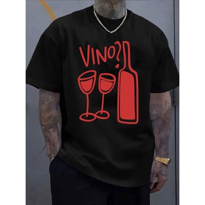 T-shirt Casual da Uomo a Maniche Corte con Stampa Bicchiere da Vino VINO