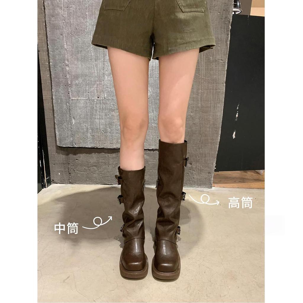 2025 neue hochhackige lange Ritterstiefel mit dicker Sohle für Damen Maillard plissierte Hosenstiefel braune Schnallenstiefel