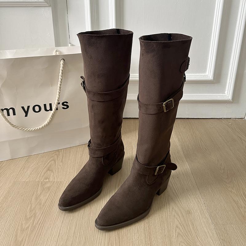 

New Autumn Winter Vintage Pleated Pointed Toe Knee High Boots Women Thick Heel Belt Buckle Female Long Booties 35