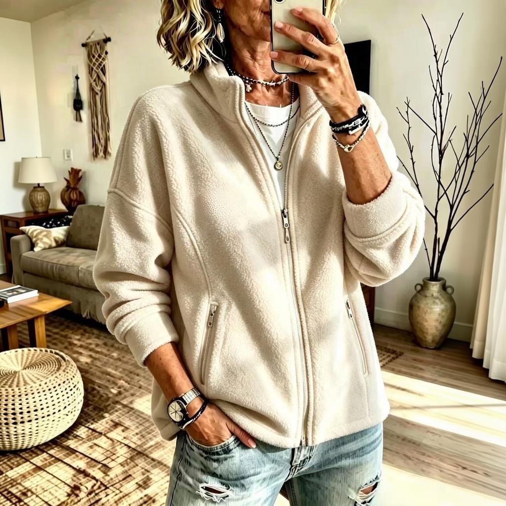 Women's Warm Full Zip Jacket with Stand Collar and Pockets for Fall Winter