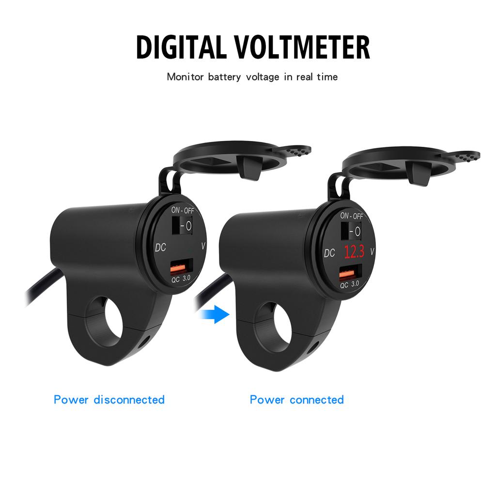 12V Motorcycle Handlebar 2.4A USB Adapter Charger with Digital Voltmeter Fits for 22mm-26mm Handlebars