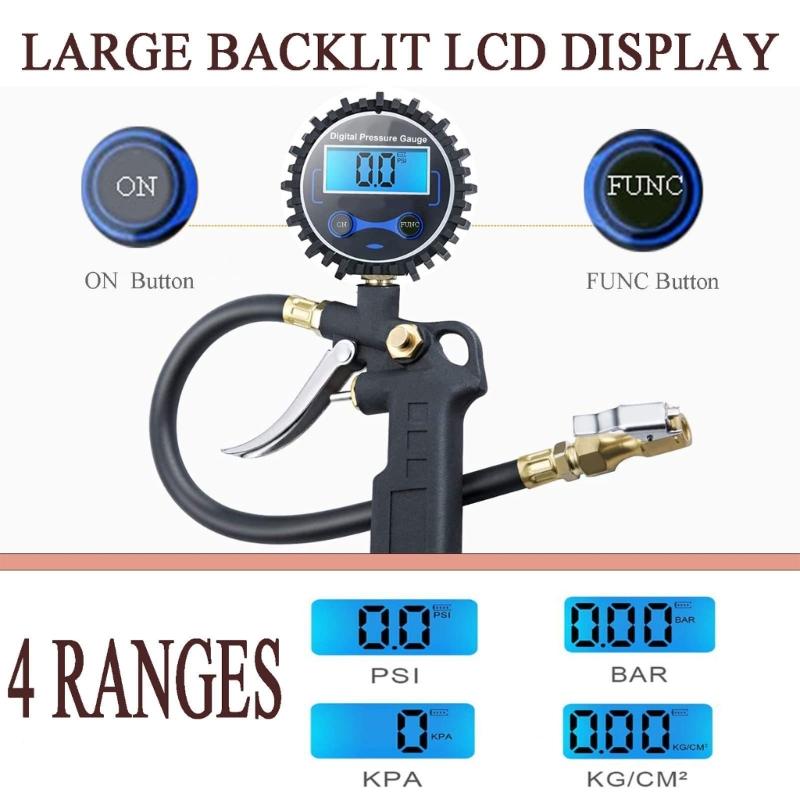 Digital Tire Inflator for Car and Motorcycle Tire Care with Lighted Pressure Display, Hose Tool and Grip Body Design