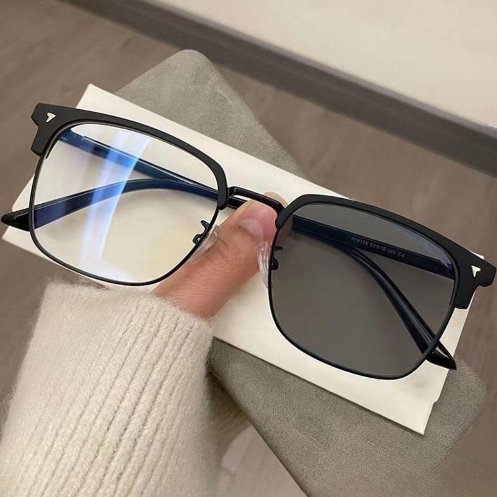 PC Metal Pochromic Glasses Black Grey Silver Oval UV Shades Sunglasses Half Frame Anti Eyestrain Reading Glasses Readers