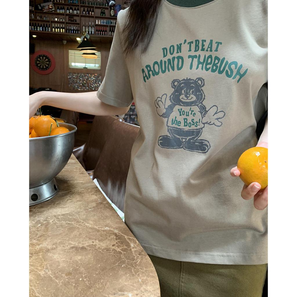 Women's Crew Neck Contrast Trim Short Sleeve Tee Loose Fit Cartoon Bear Graphic Print Cotton Casual Summer Streetwear Top