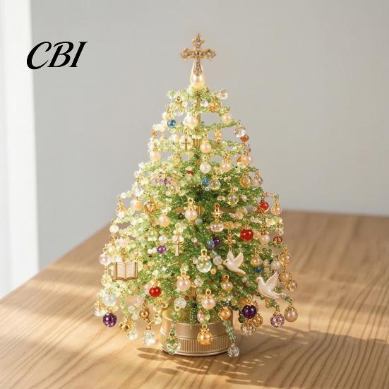 DIY Craft Supplies Handmade Beaded Mini Tabletop Christmas Tree Kit, Crystal Bead Xmas Set Set, Desktop Ornament for Shelf Mantel Decor, Holiday
