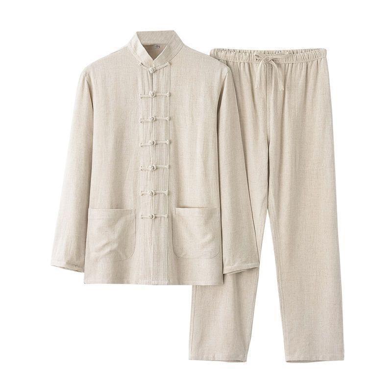 Men’s Retro Chinese Tang Suit: Long-Sleeved Cotton & Linen Tai Chi Attire for Middle-Aged and Elderly.