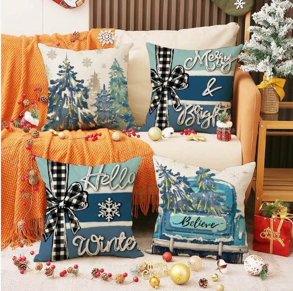 45x45cm Christmas Pillow Covers Set of 4,Winter Decorative Pillow Case, Merry Christmas Tree Cushion for Home Sofa Xmas Decor