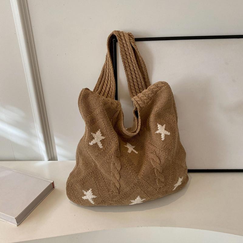 Star Knit Women's Bag New Knitted Eco Shopper Bag Crochet Rope Shoulder Bag Female Knitting Handbag Vintage Tote Bag AVE