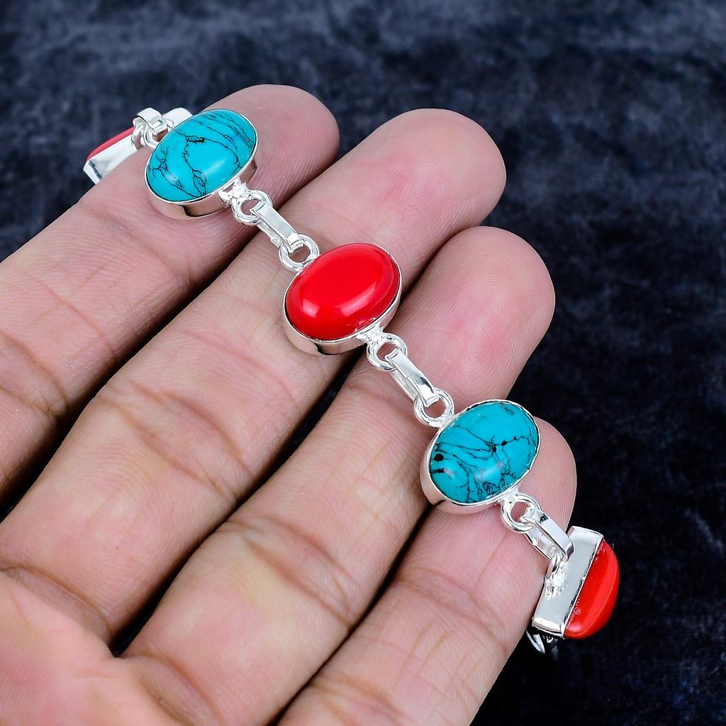 Italian Red Coral, Turquoise Gemstone 925 Sterling Silver Bracelet 7-8" MM-3490