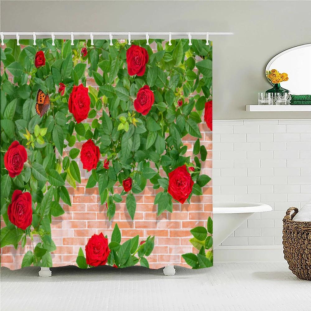 

Waterproof Shower Curtain for Bathroom Nature Flower Rose Butterfly Bath Curtains Printed Fabric Bath Screen Decor with 12 Hooks W90XH180cm