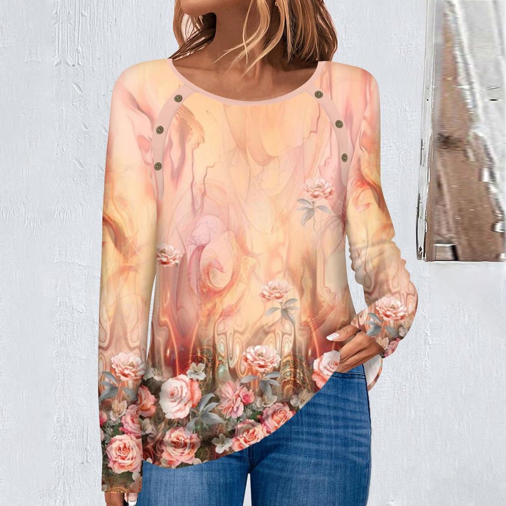 Women's Fashion Casual Round Neck Long Sleeve Floral Print Button Decorated T-Shirt Top