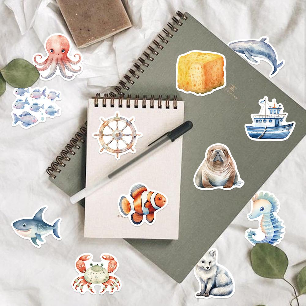 50 Cartoon Watercolor Sea Animal Stickers Decorative Guitar Notebook Suitcase DIY Waterproof Stickers