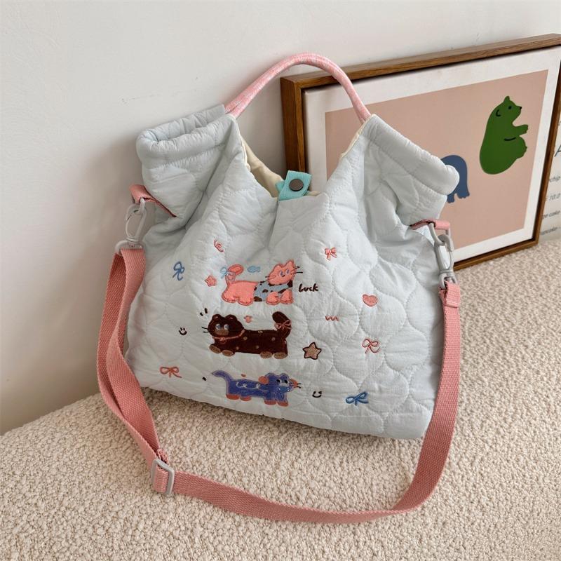 2 Cartoon Embroidery Soft Cute Messenger Bag Large Capacity Shoulder Tote Bag Quilting Cotton Commuter Tote Bag