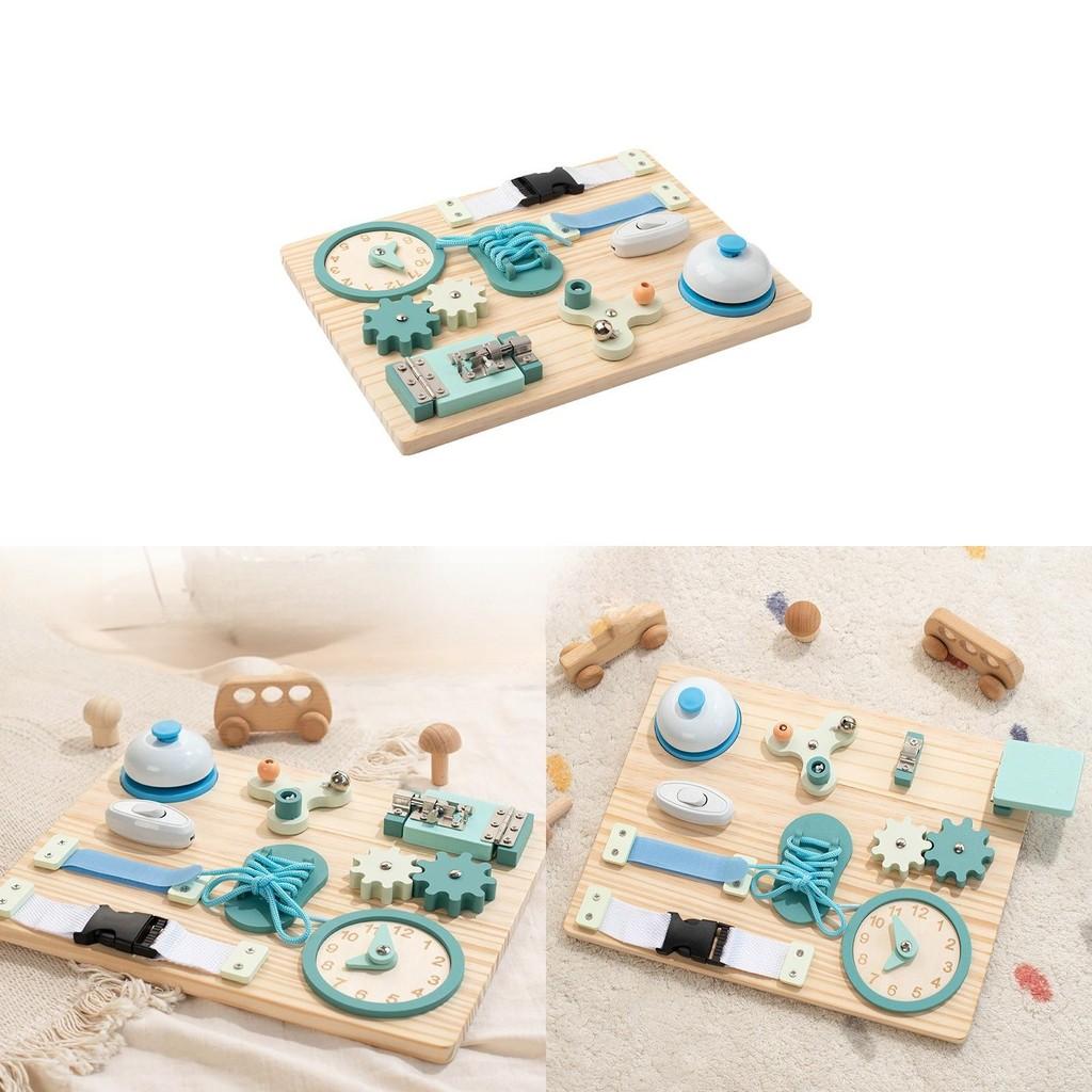 Wooden Blue Clock Busy Board With Educational Activities For Toddler Learning