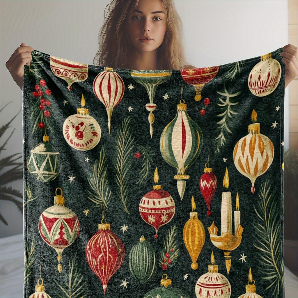 Vintage Christmas Blanket - Ornament Candle Print Flannel Throw, Soft All-Season Gift For Couch/Bed, Cozy Holiday Decor