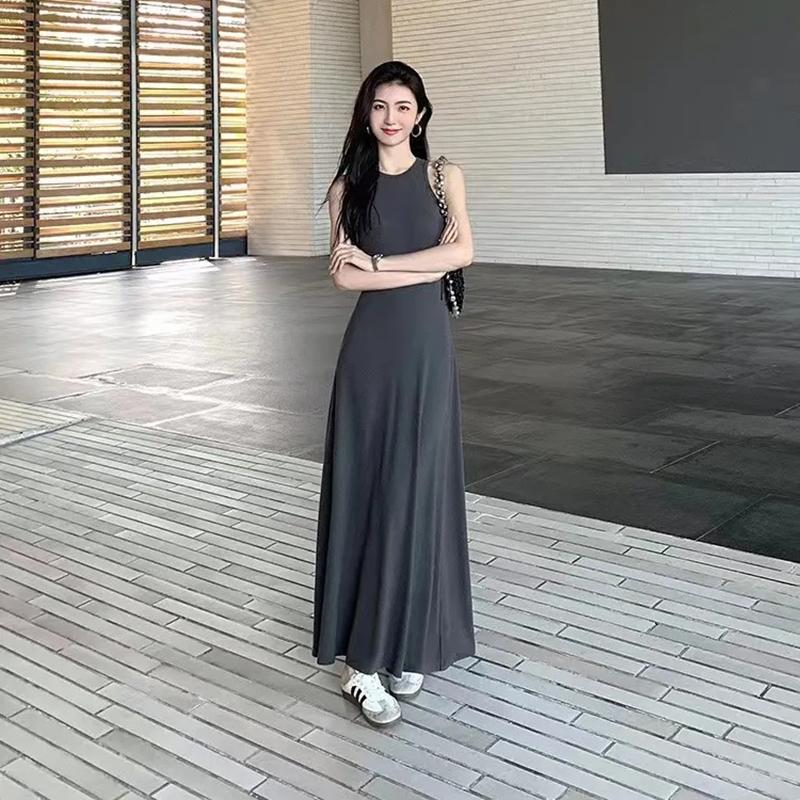 Summer Sleeveless Tank Dress Women Elegant Slim A Line Long Dress Vacation All Match Casual Solid Vestidos